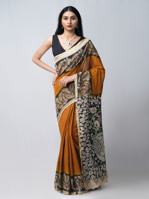 

Unnati Silks Brown & Yellow Kalamkari Pure Cotton Handloom Sustainable Kanjeevaram Saree