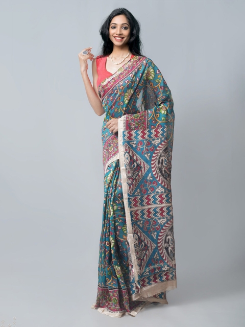 

Unnati Silks Blue & Purple Kalamkari Zari Silk Cotton Chanderi Saree