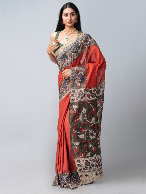 

Unnati Silks Red & Brown Kalamkari Handloom Sustainable Pure Cotton Kanjeevaram Saree