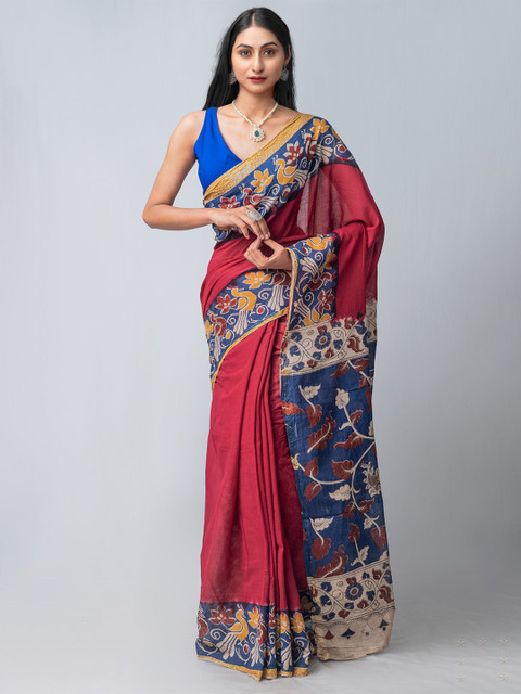 

Unnati Silks Maroon & Blue Printed Kalamkari Pure Cotton Kanjeevaram Saree