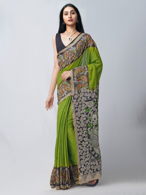 

Unnati Silks Green & Black Kalamkari Pure Cotton Kanjeevaram Saree