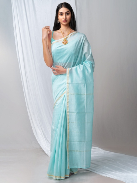 

Unnati Silks Blue & Gold-Toned Silk Cotton Chanderi Saree