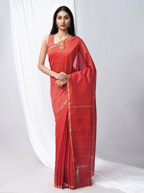

Unnati Silks Red & Gold-Toned Zari Handloom Silk Cotton Chanderi Saree