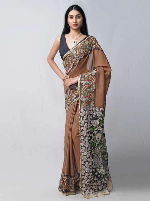 

Unnati Silks Brown & Green Kalamkari Pure Cotton Kanjeevaram Saree