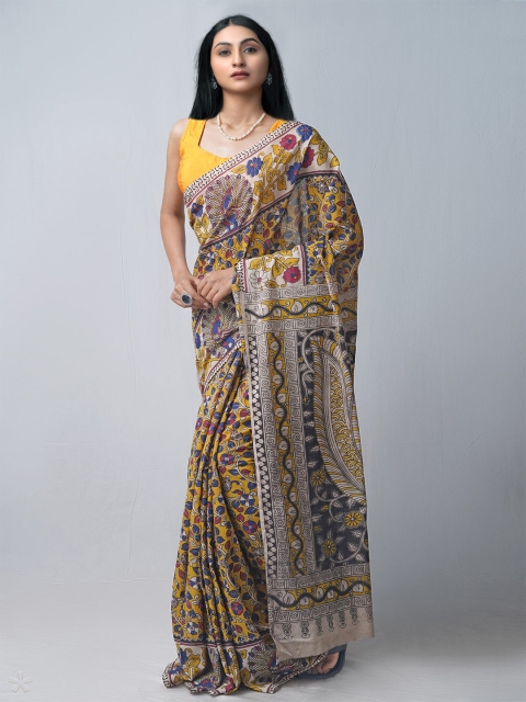 

Unnati Silks Yellow & Blue Kalamkari Silk Cotton Chanderi Saree
