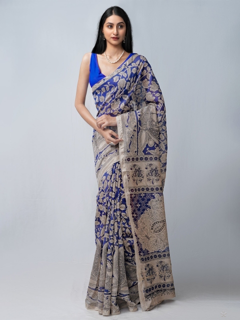 

Unnati Silks Blue & Grey Printed Kalamkari Silk Cotton Chanderi Saree