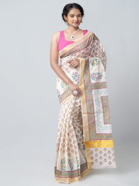 

Unnati Silks White & Pink Floral Pure Cotton Handloom Sustainable Kasavu Saree