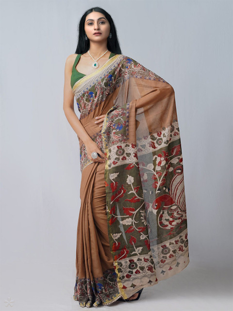 

Unnati Silks Brown & Green Kalamkari Handloom Sustainable Pure Cotton Kanjeevaram Saree