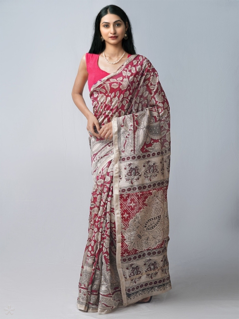 

Unnati Silks Pink & Cream-Coloured Kalamkari Zari Silk Cotton Chanderi Saree