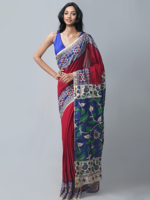 

Unnati Silks Red & Blue Kalamkari Silk Cotton Chanderi Saree