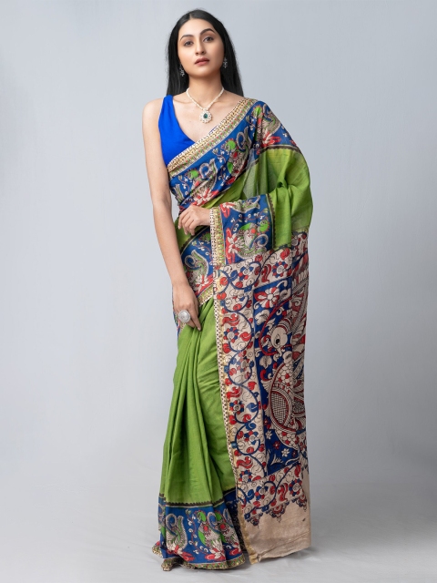 

Unnati Silks Green & Blue Printed Kalamkari Pure Cotton Kanjeevaram Saree