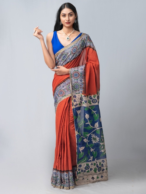

Unnati Silks Red & Blue Kalamkari Pure Cotton Kanjeevaram Saree