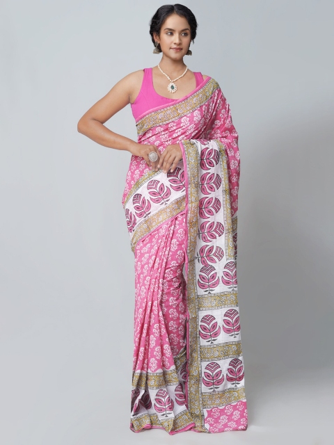 

Unnati Silks Pink & White Ethnic Motifs Pure Cotton Block Print Saree