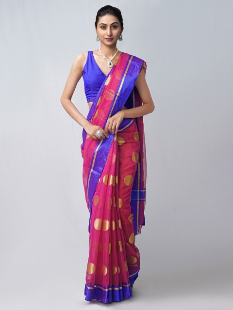 

Unnati Silks Pink & Blue Woven Design Zari Silk Blend Kota Saree