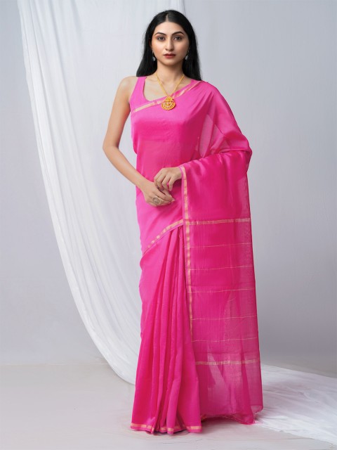 

Unnati Silks Pink Zari Silk Cotton Chanderi Saree