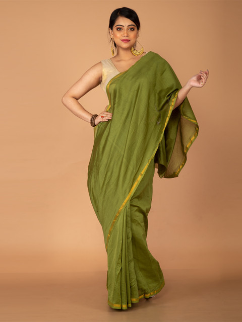 

Unnati Silks Green & Golden Handloom Sustainable Zari Silk Cotton Chanderi Saree