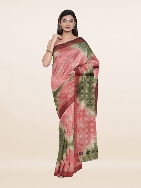 

Pothys Pink & Green Tie & Dye Printed Jute Cotton Saree