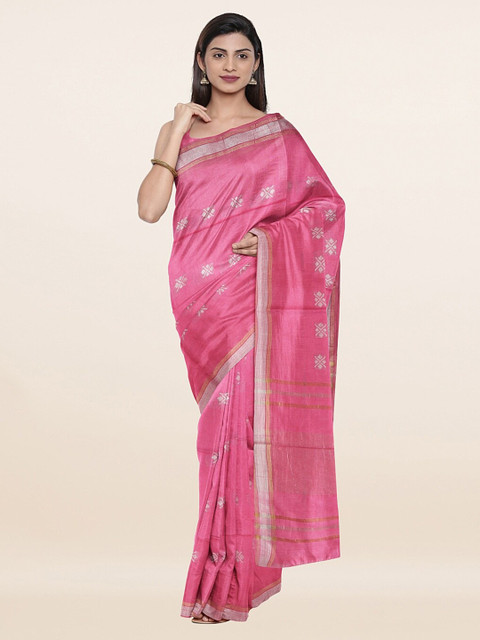 

Pothys Pink & Silver-Toned Floral Jute Cotton Saree