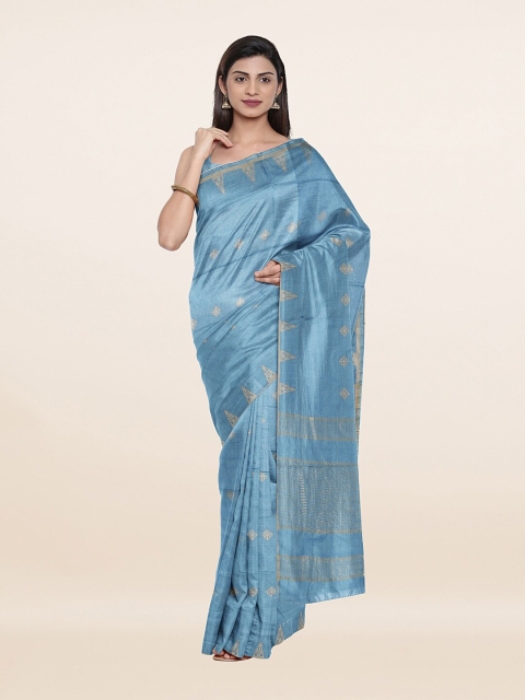 

Pothys Blue & Gold-Toned Floral Zari Jute Cotton Saree