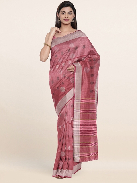 

Pothys Pink & Silver-Toned Woven Design Zari Jute Cotton Saree