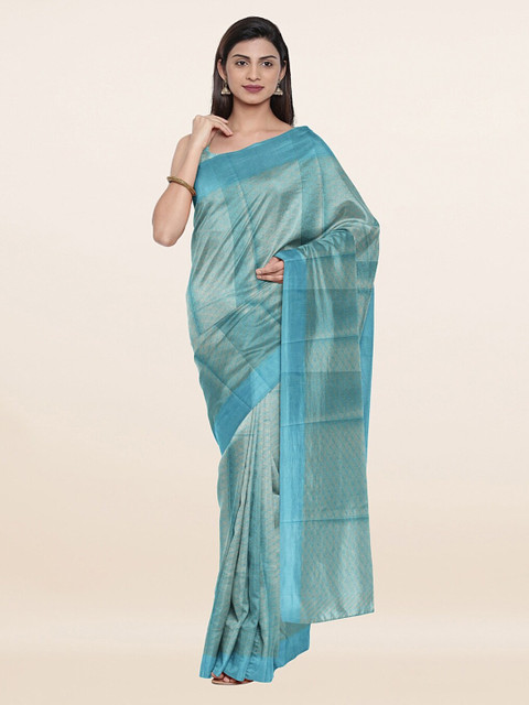 

Pothys Blue & Golden Geometric Woven Design Zari Jute Cotton Saree