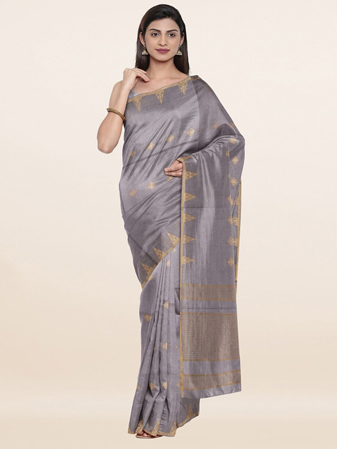

Pothys Grey & Gold-Toned Woven Design Zari Jute Cotton Saree