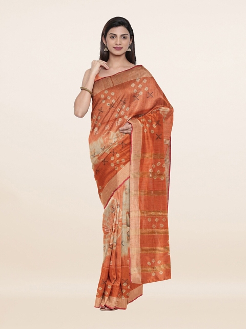 

Pothys Orange & Gold-Toned Batik Printed Jute Cotton Saree