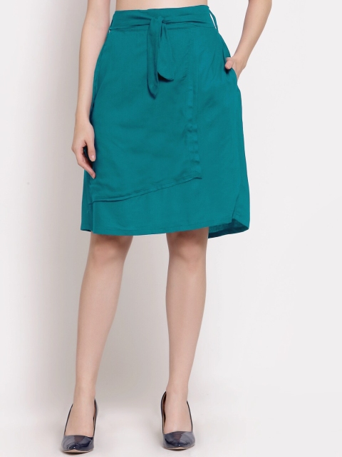 

PATRORNA Women Sea Green Solid Pleated Tiered Skirt