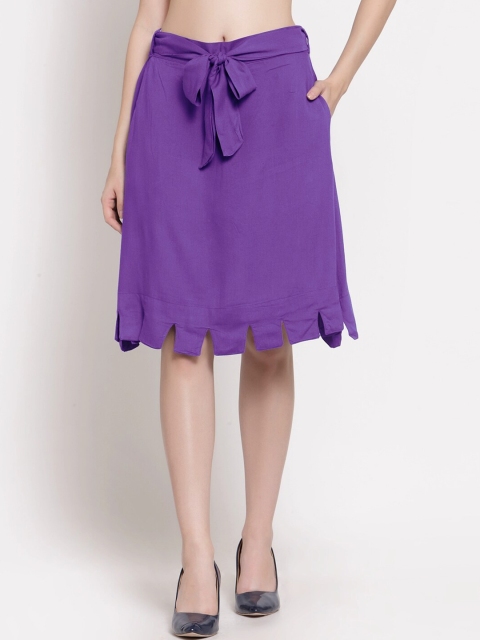 

PATRORNA Women Purple Solid Knee Length Straight Kilt Skirt