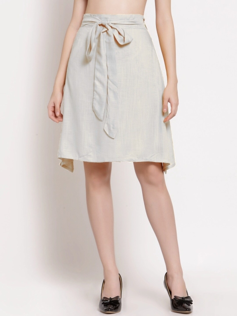 

PATRORNA Women Off White Solid A-Line Knee-Length Skirt