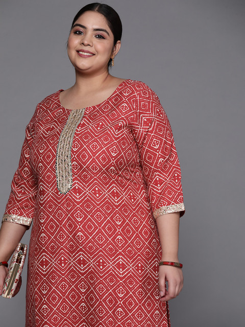 

INDDUS PLUS Women Maroon Printed Mirror Work Kurta with Palazzos
