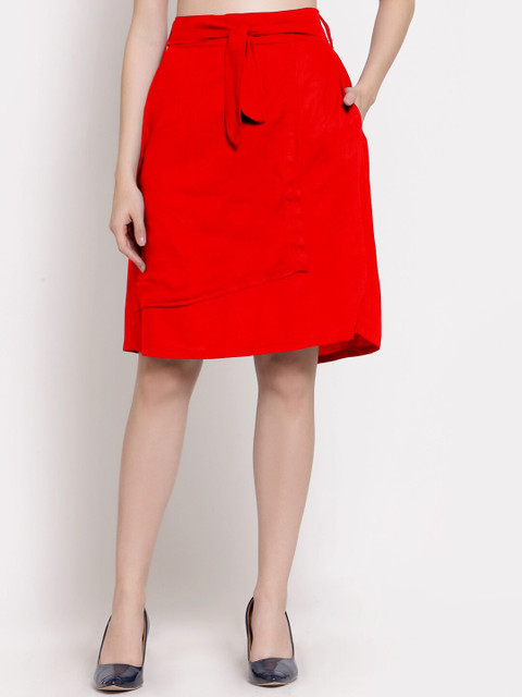 

PATRORNA Women Red Solid Knee Length Tiered Skirt
