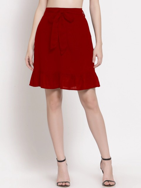 

PATRORNA Women Maroon Solid Knee Length Straight Skirt