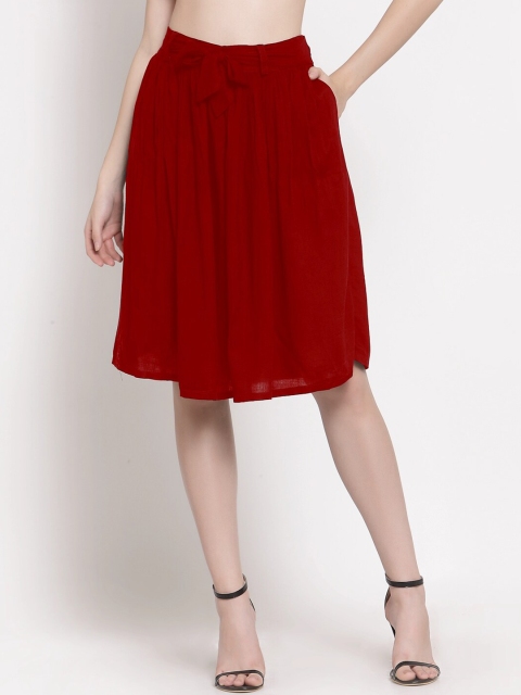 

PATRORNA Women Maroon Solid Knee Length A-Line Pleated Skirt