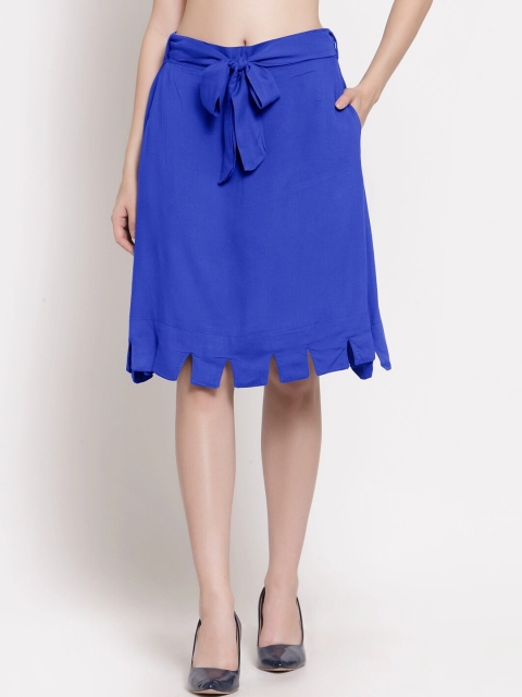 

PATRORNA Women Blue Solid Straight Kilt Skirt