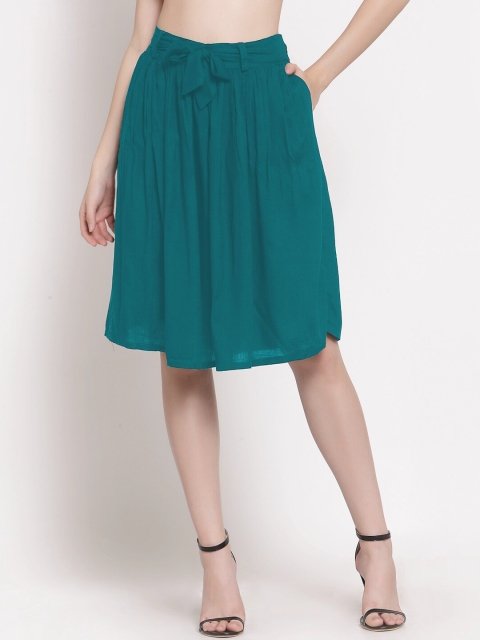 

PATRORNA Women Sea Green Solid A-Line Knee-Length Skirt