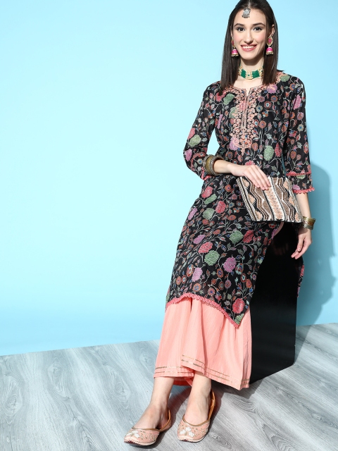 

ZOLA Women Ethnic Motifs Polyester Kalamkari 2.0 Kurta Set, Black