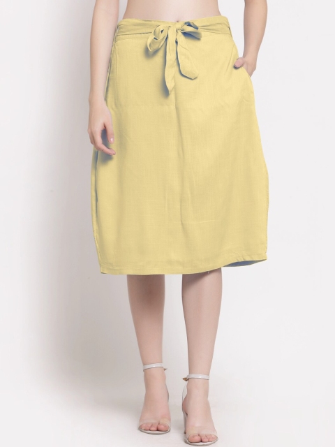 

PATRORNA Women Gold Solid Knee Length A-Line Skirt