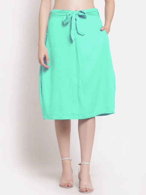 

PATRORNA Women Teal-Green Solid A-Line Midi Skirt