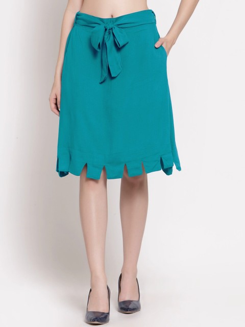 

PATRORNA Women Green Solid Straight Kilt Skirt, Sea green