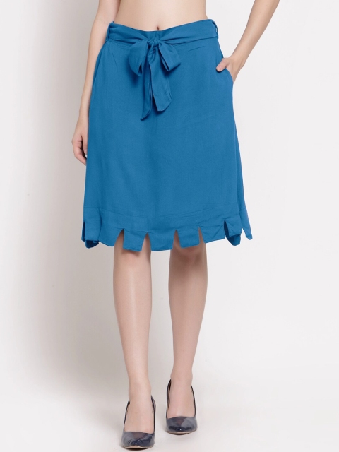 

PATRORNA Women Blue Solid Straight Knee-Length Skirts