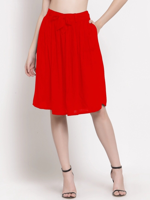 

PATRORNA Women Red Solid A-Line Knee Length Skirts