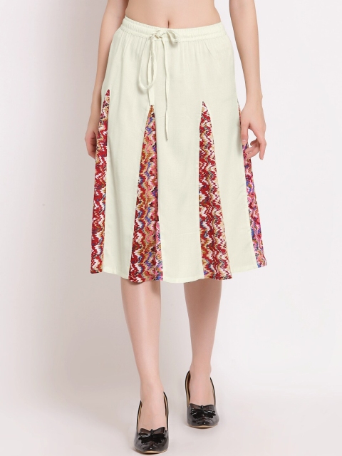

PATRORNA Women Off White Printed Knee Length Flared Skirts