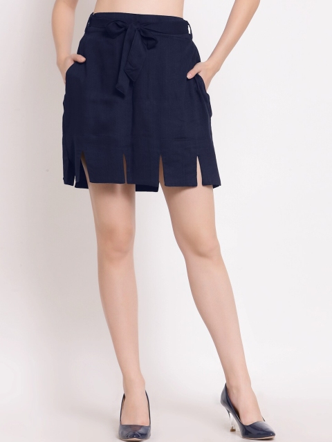 

PATRORNA Women Blue Solid Straight Kilt Skirt