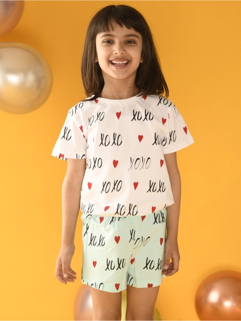 

Anthrilo Girls White & Sea Green Printed T-shirt with Shorts