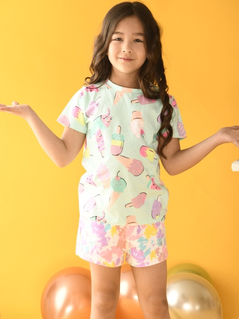 

Anthrilo Girls Sea Green & White Printed T-shirt with Trousers