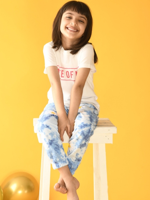 

Anthrilo Girls White & Blue Printed Pure Cotton T-shirt with Trousers