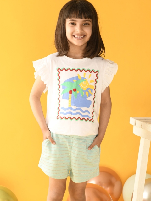 

Anthrilo Girls White & Sea Green Printed T-shirt with Shorts