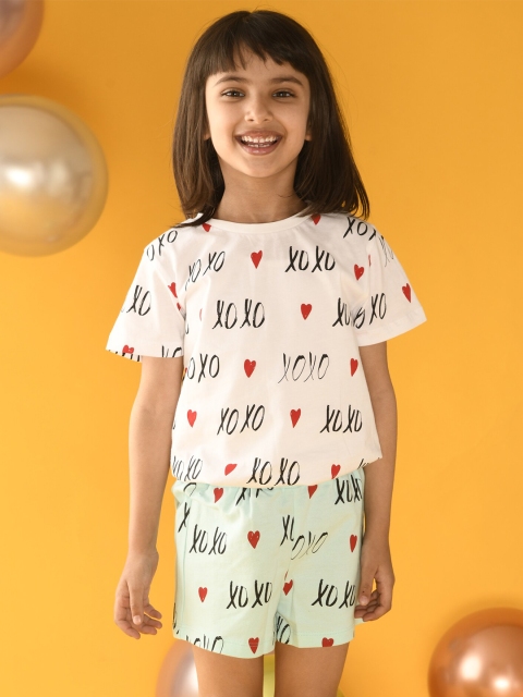 

Anthrilo Girls White & Sea Green Printed T-shirt with Shorts