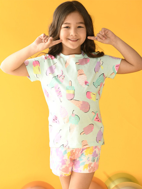 

Anthrilo Girls Sea Green Printed T-shirt with Trousers